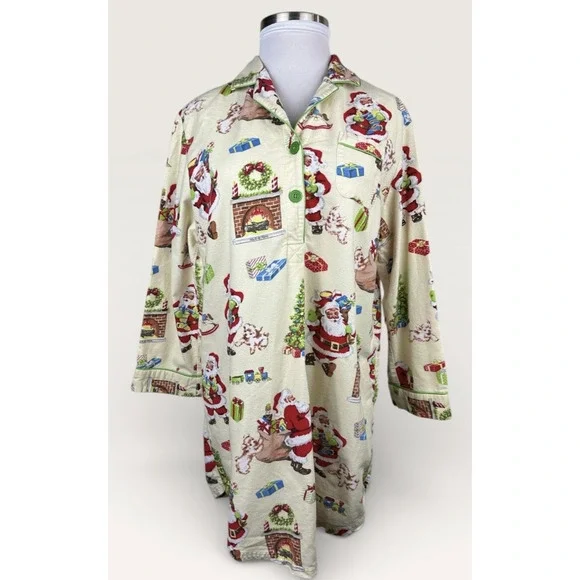 Nick & Nora Christmas Santa Themed Flannel Cotton Nightgown Holiday PJ's XXL - Picture 2 of 14